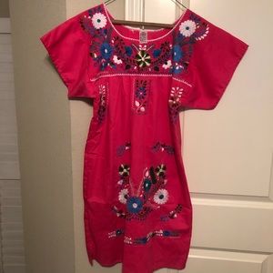 Hot pink, knee length Mexican dress